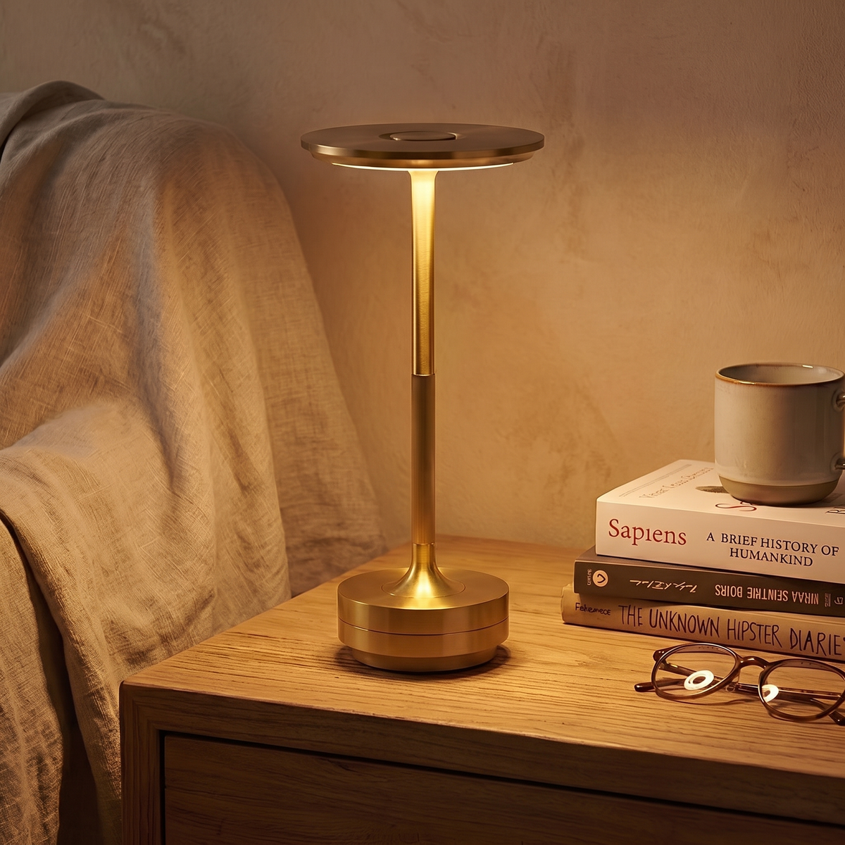 Vera gold dish table lamp lit on a bedside table