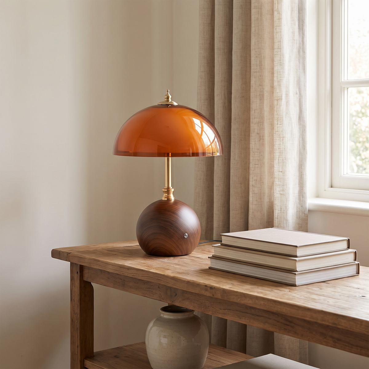 Cleo lamp on a timber console table beside a stack of books