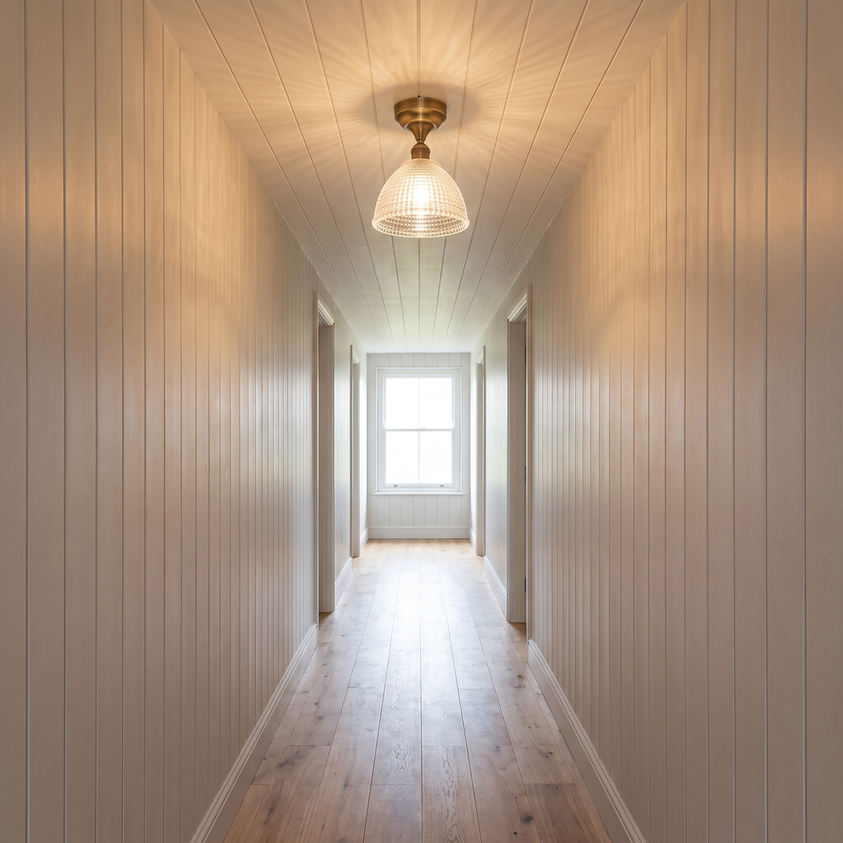 Romy ceiling light lit in a hallway