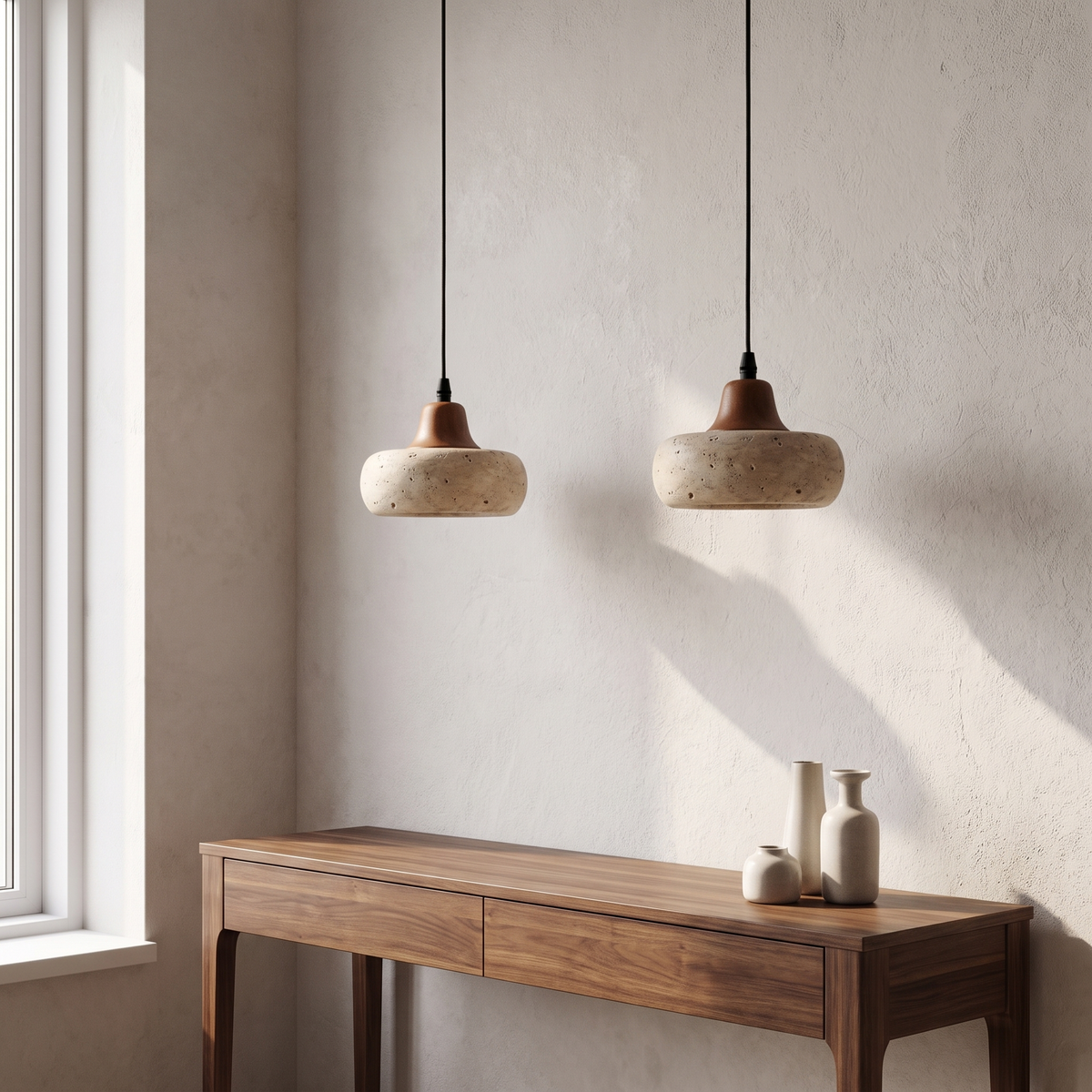 Two Freya pendants above a narrow console table