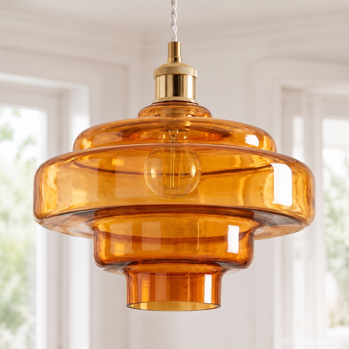 Close view of the stepped amber glass tiers of the Nora pendant