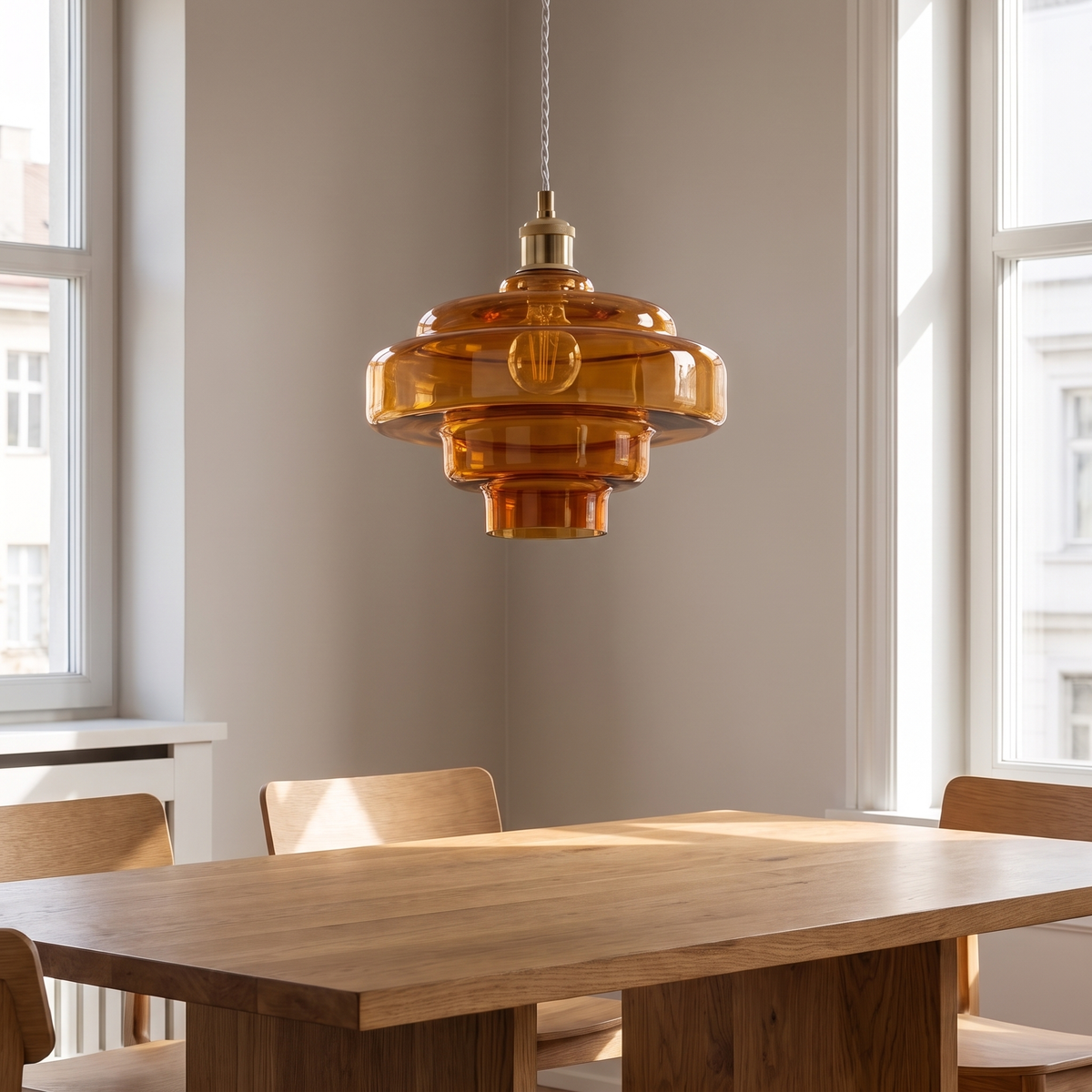 Nora pendant above an oak dining table in daylight