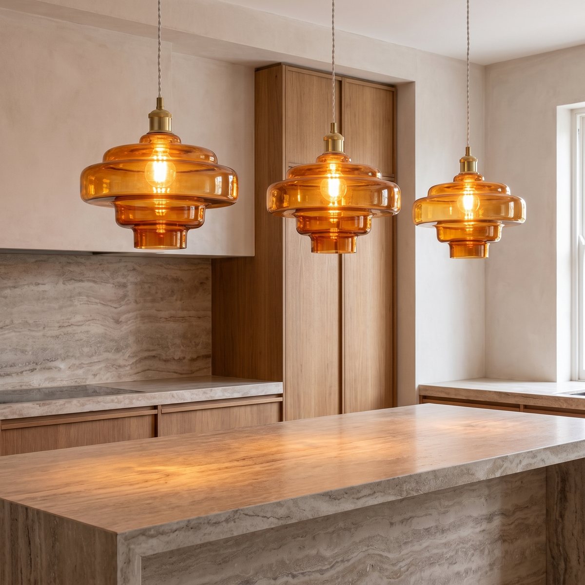 Three Nora amber tiered glass pendants lit above a kitchen island