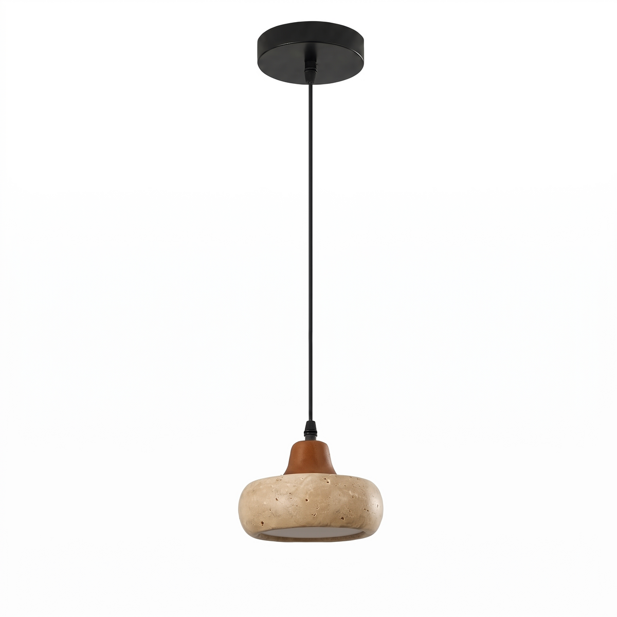 Freya travertine and walnut round pendant light on a white background
