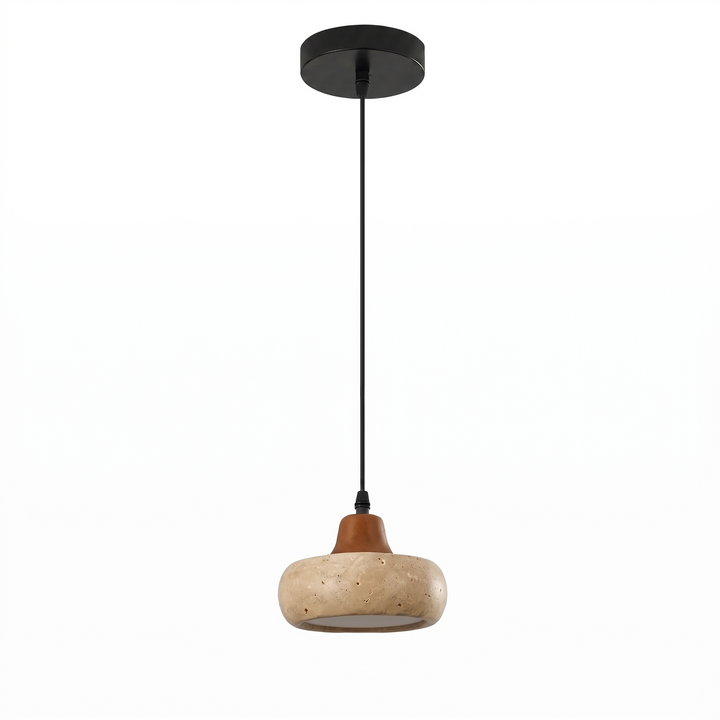 Freya travertine and walnut round pendant light on a white background