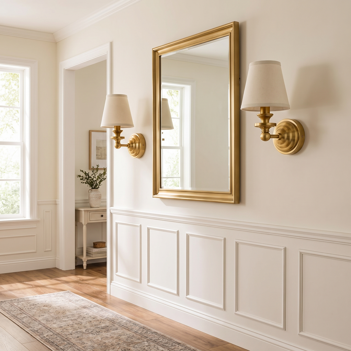 Two Elsie sconces either side of a hallway mirror