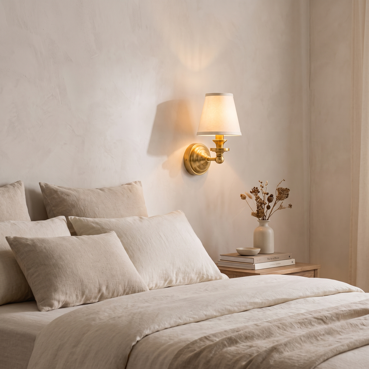 Elsie brass and linen wall sconce lit beside a bed