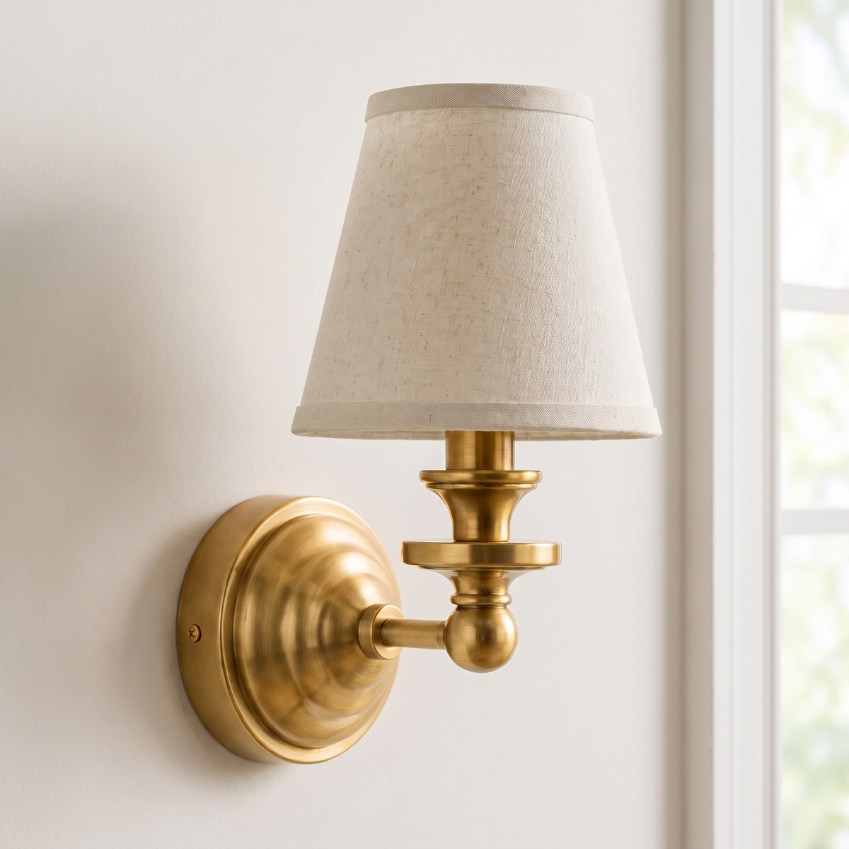 Close view of the linen weave and ornamental brass arm of the Elsie sconce