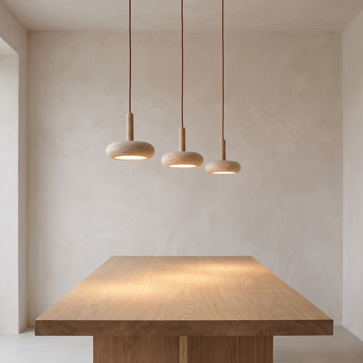 Three Maeve travertine disc pendants lit above a dining table