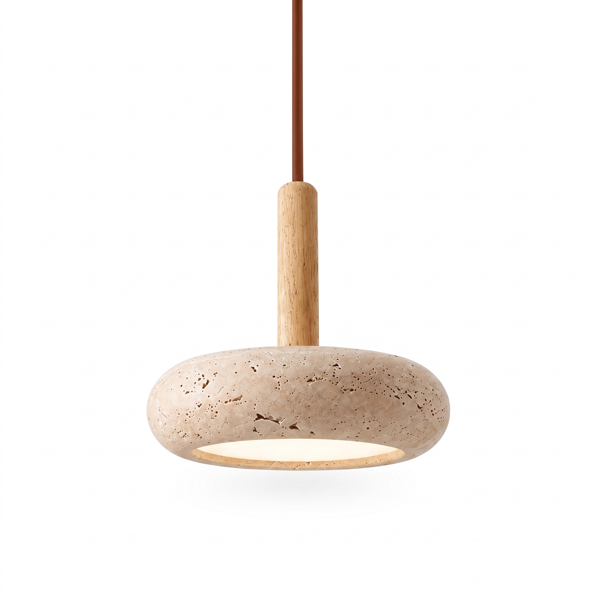 Maeve travertine and wood LED disc pendant on a white background