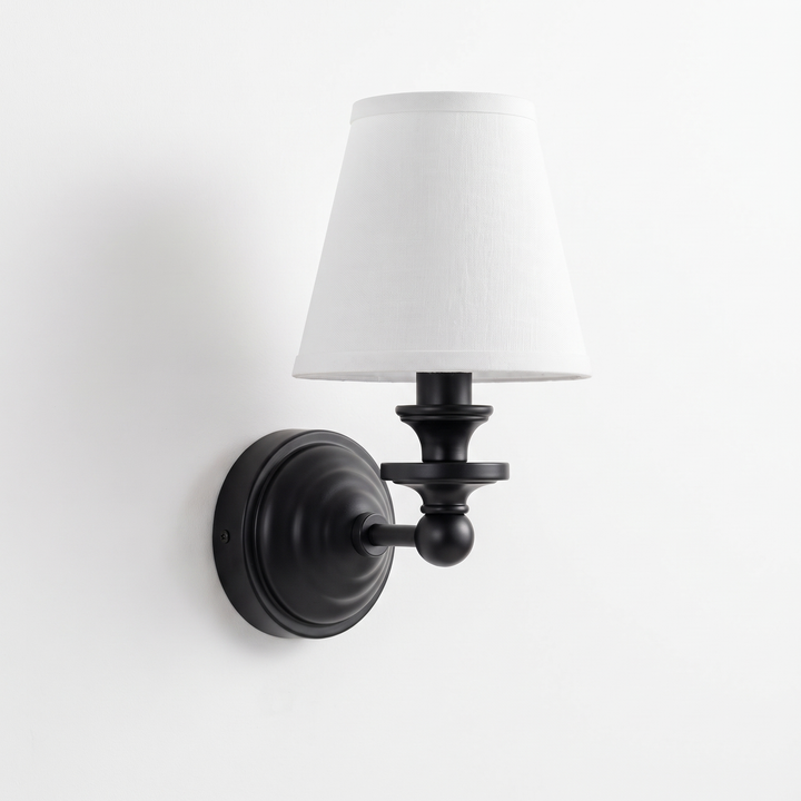 Elsie wall sconce in matte black with white linen shade