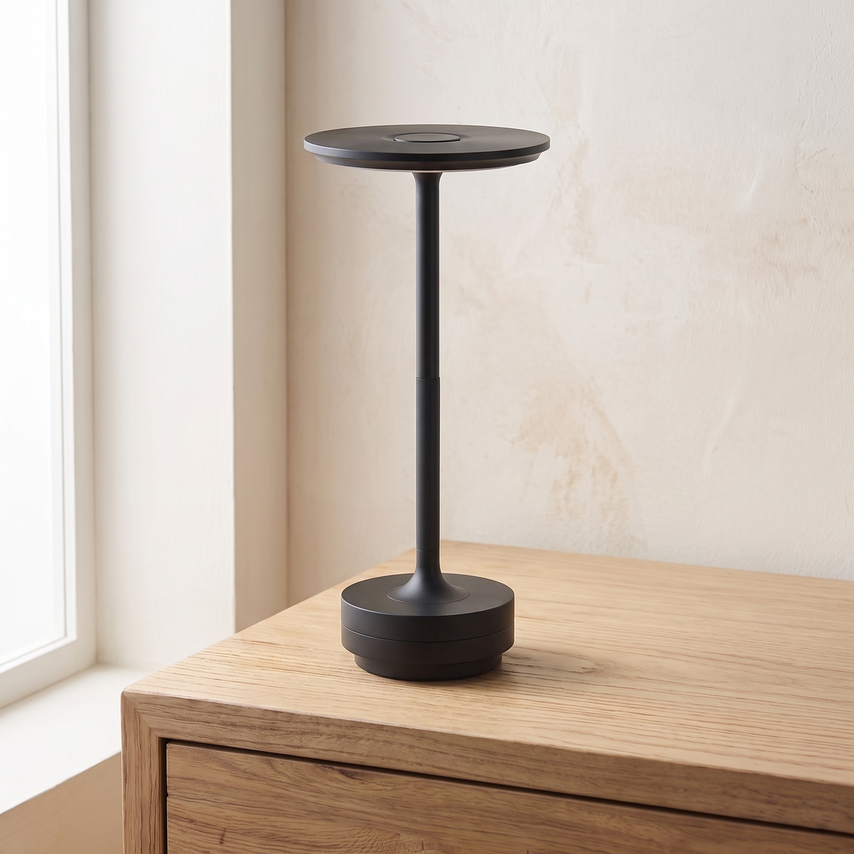 Vera cordless table lamp in matte black on an oak bedside table