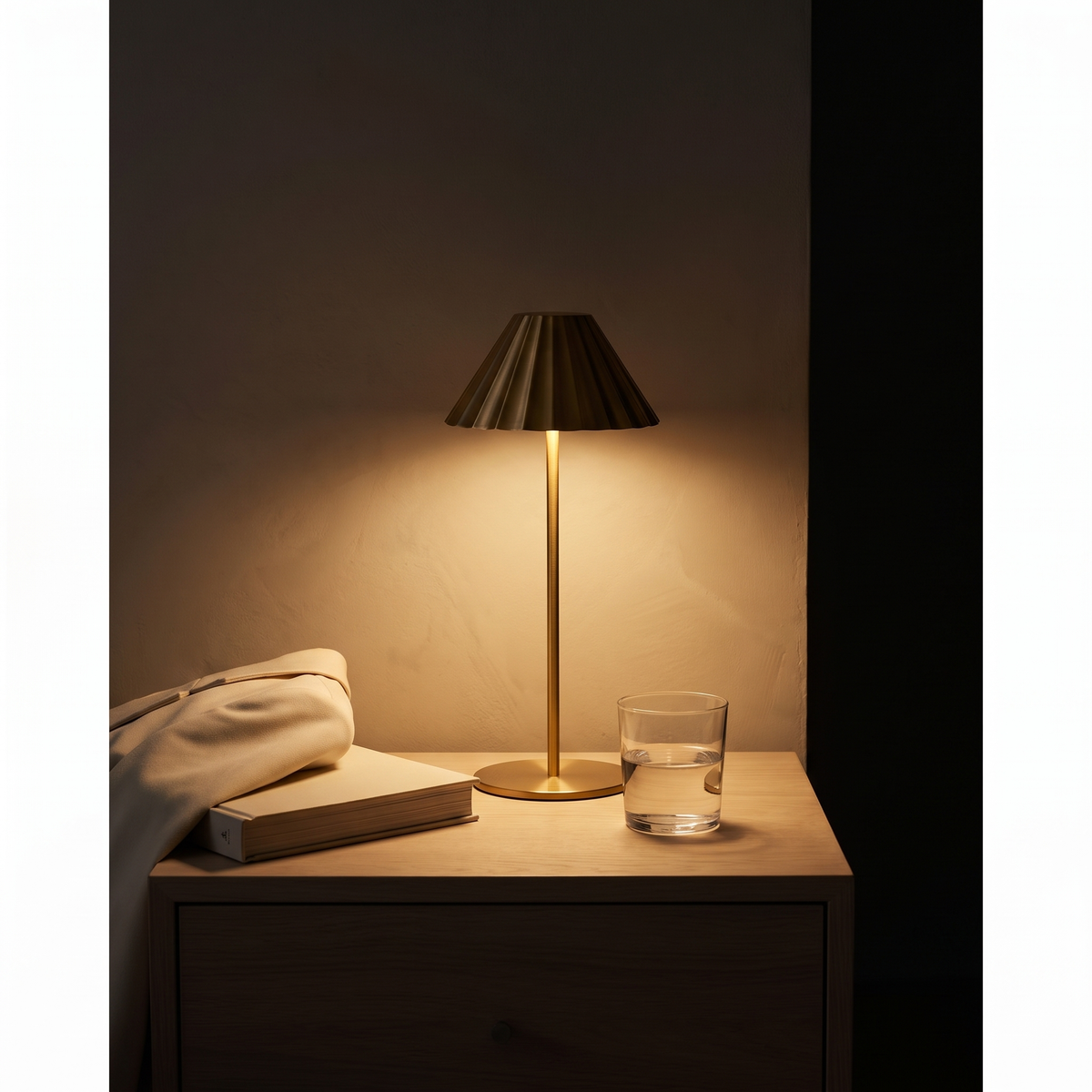 Isla brass cordless lamp dimmed low on a bedside table at night