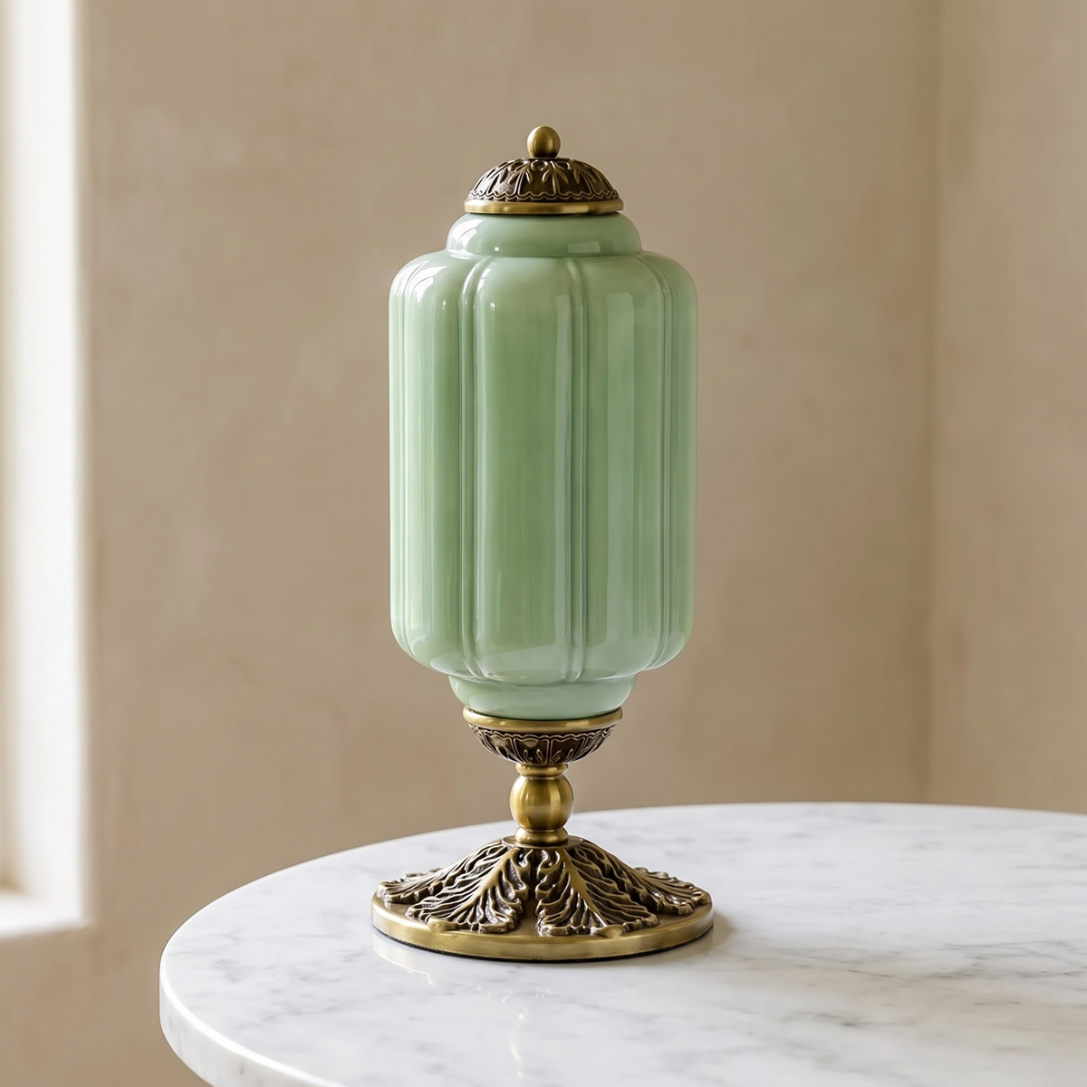 Colette ribbed glass table lamp in jade green on a brass pedestal base
