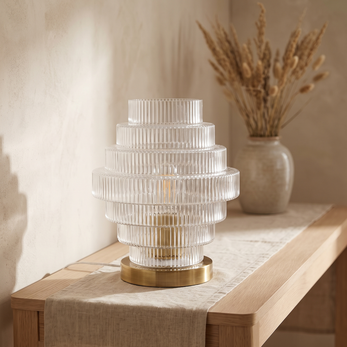 Lova tiered ribbed glass table lamp on an oak console