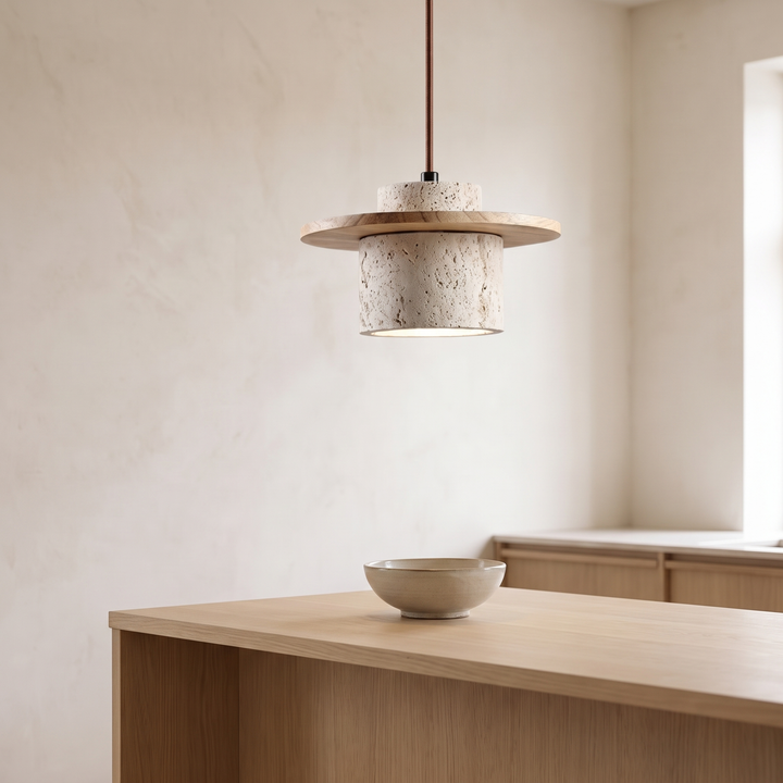 Edda travertine and wood pendant light over an oak kitchen island