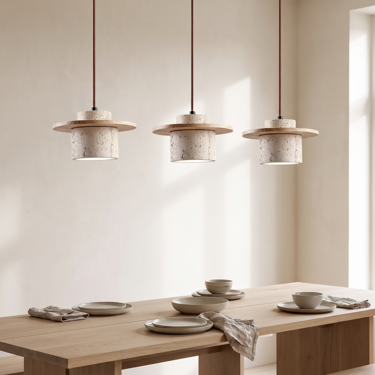 Three Edda travertine pendant lights in a row over an oak dining table