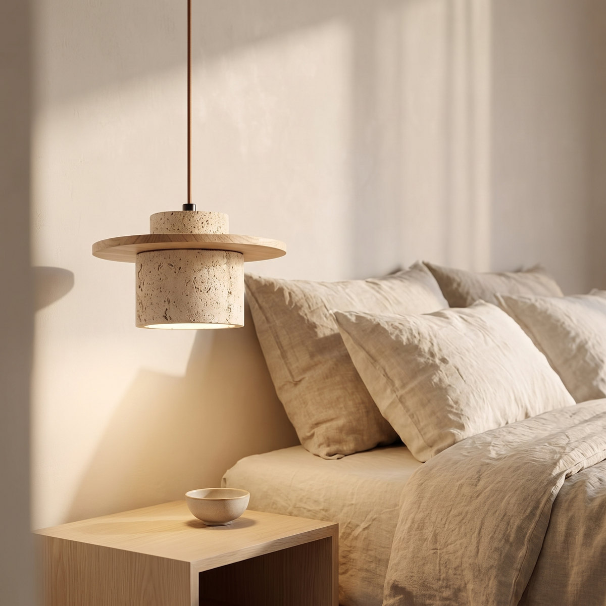 Edda travertine pendant light hanging beside a bed