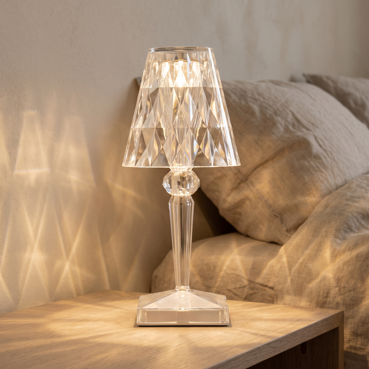 Saga faceted cordless lamp glowing on an oak bedside table