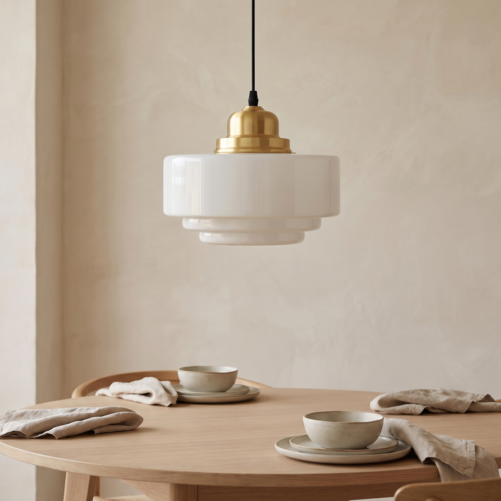 Vika milk glass pendant light, stepped profile, over an oak dining table