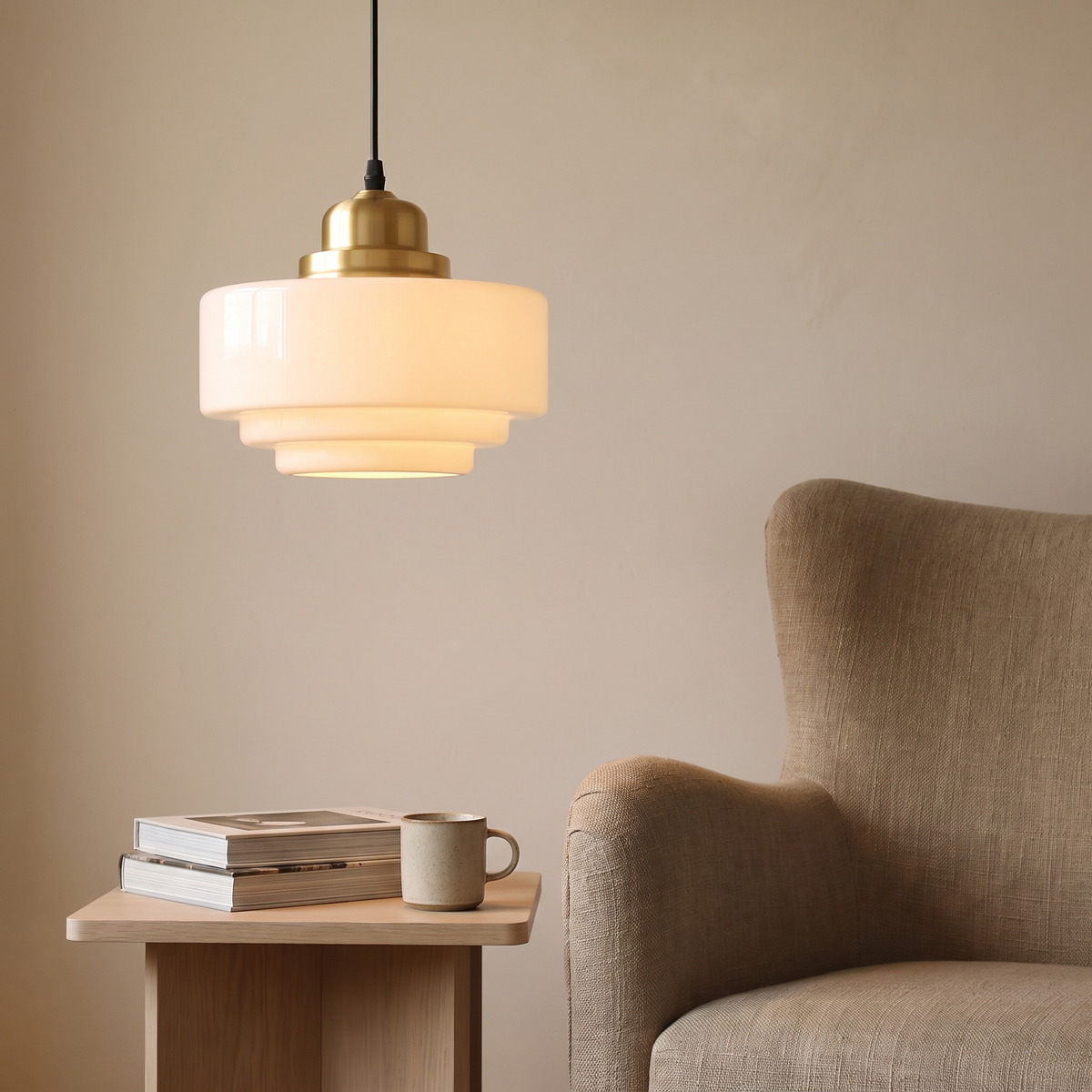 Vika milk glass pendant light, stepped profile, in a reading corner