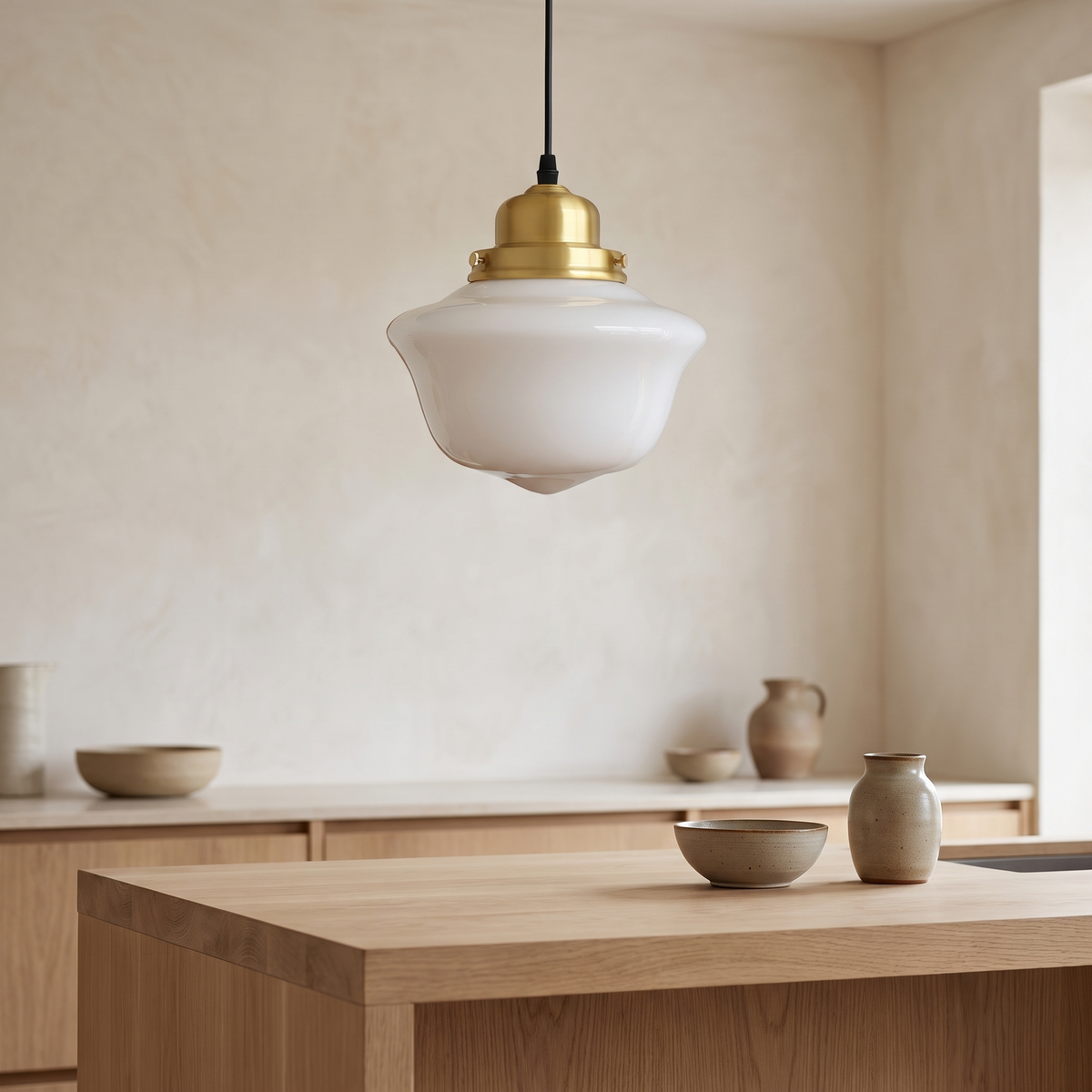Vika milk glass pendant light, rounded profile, over an oak kitchen island