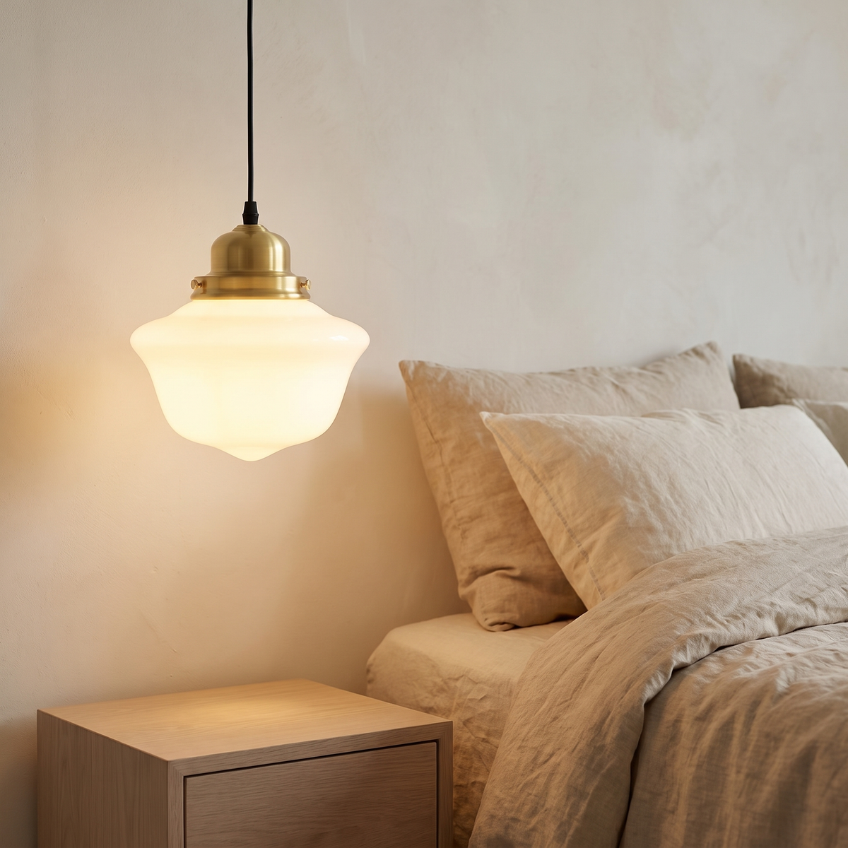 Vika milk glass pendant light hanging beside a bed