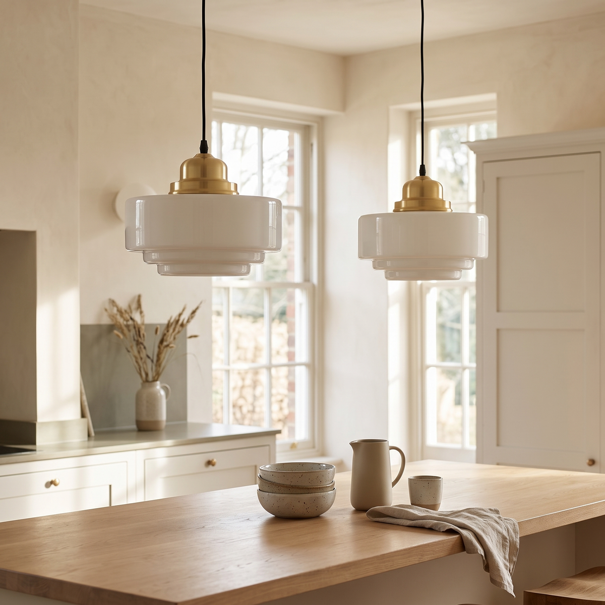 A pair of Vika milk glass pendant lights over a long oak kitchen island