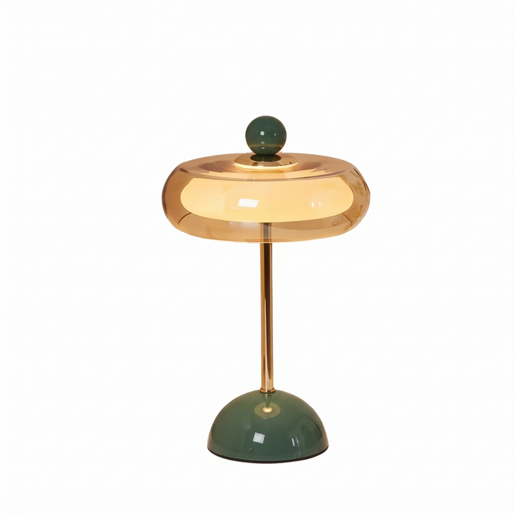 Runa cordless glass disc table lamp with a forest green base