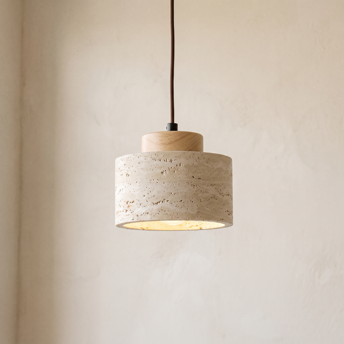Edda travertine drum pendant light, 4.7 inch, light wood cap