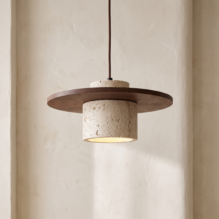 Edda travertine pendant light with a wide walnut brim, 7.9 inch