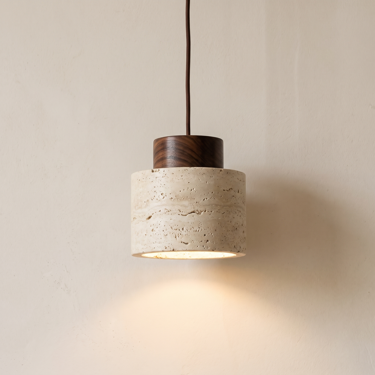 Edda travertine drum pendant light, 4.7 inch, walnut cap