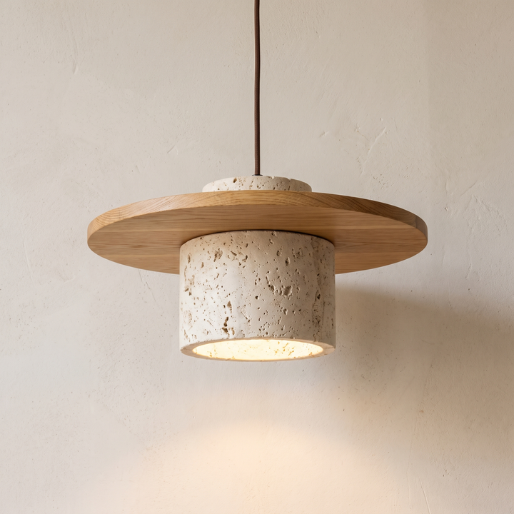 Edda travertine pendant light with a wide light oak brim, 7.9 inch