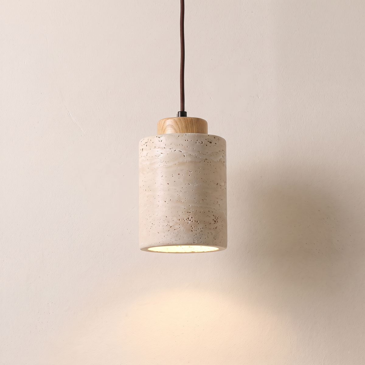 Edda travertine cylinder pendant light, 4.3 inch, light oak cap