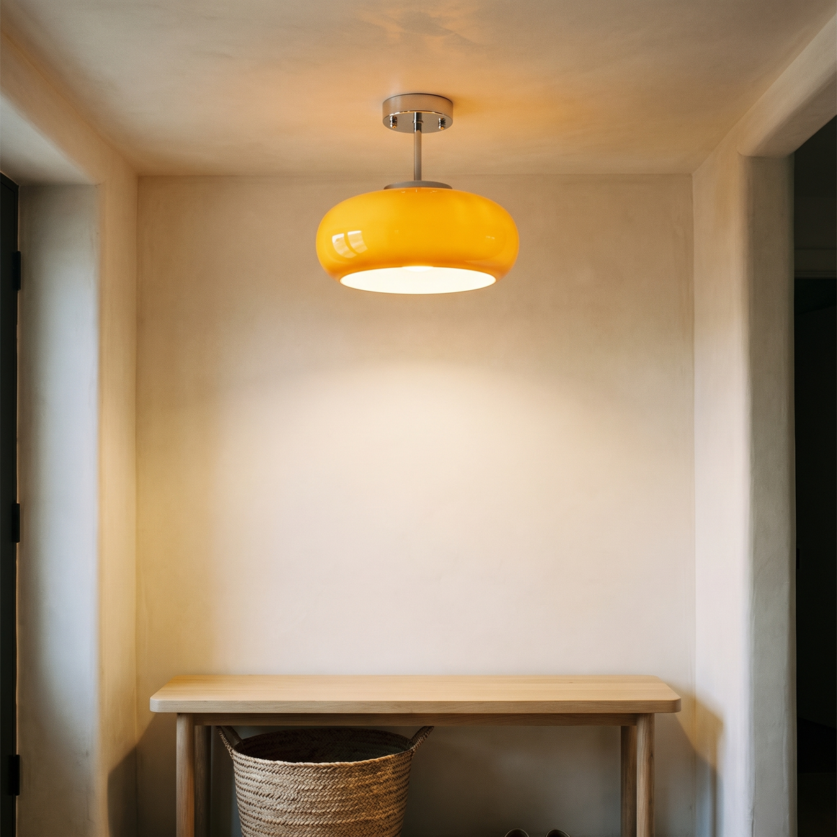 Greta amber glass semi flush ceiling light with chrome fitting, 11 inch, in an entryway