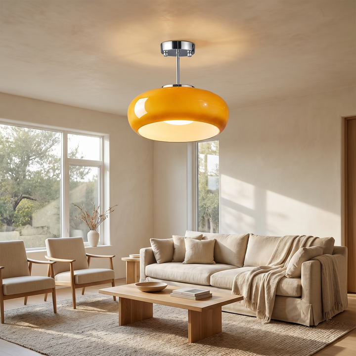 Greta amber glass semi flush ceiling light with chrome fitting, 15.7 inch, in a living room