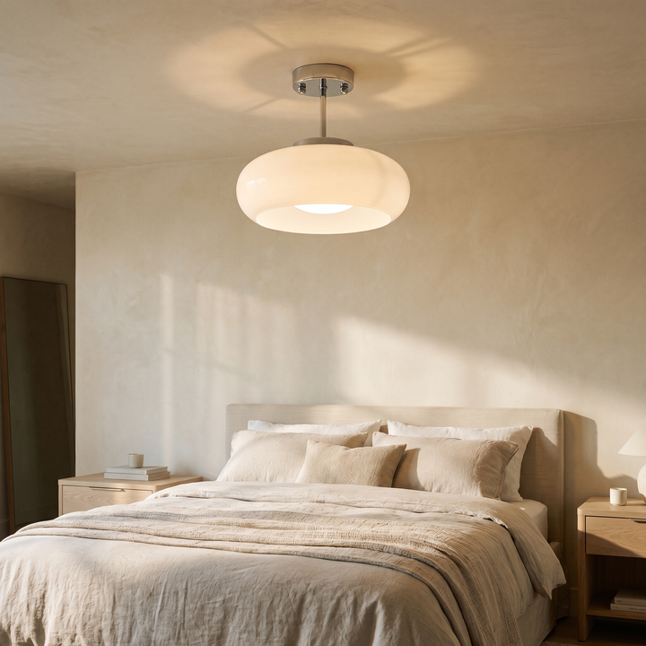 Greta white glass semi flush ceiling light with chrome fitting, 15.7 inch, in a bedroom