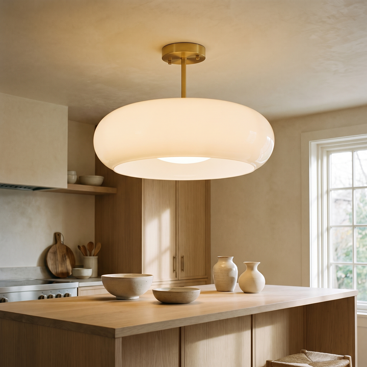 Greta white glass semi flush ceiling light with brass fitting, 15.7 inch, above a kitchen island