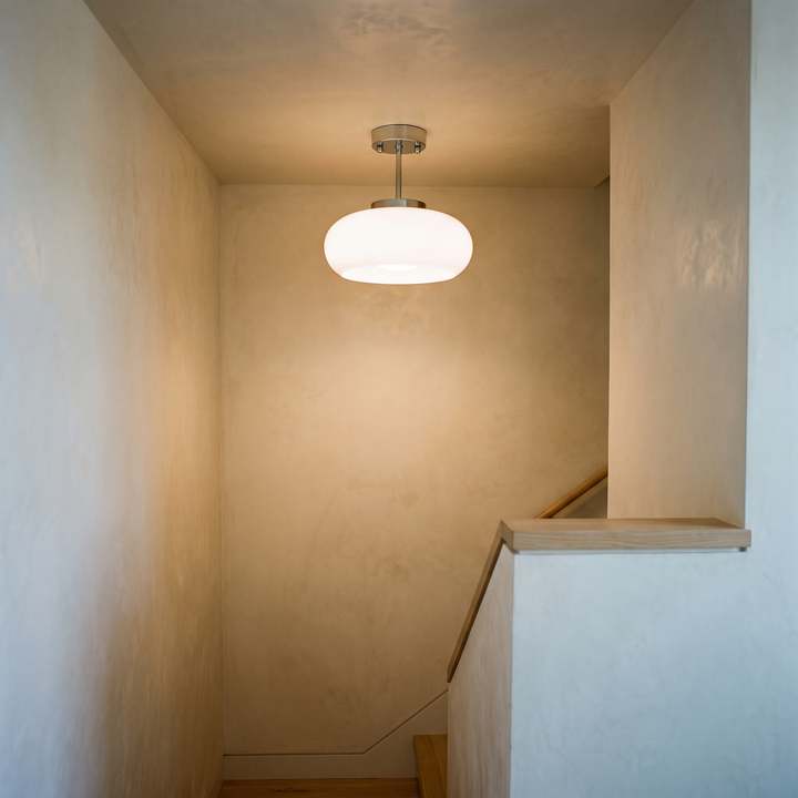 Greta white glass semi flush ceiling light with chrome fitting, 11 inch, on a stair landing