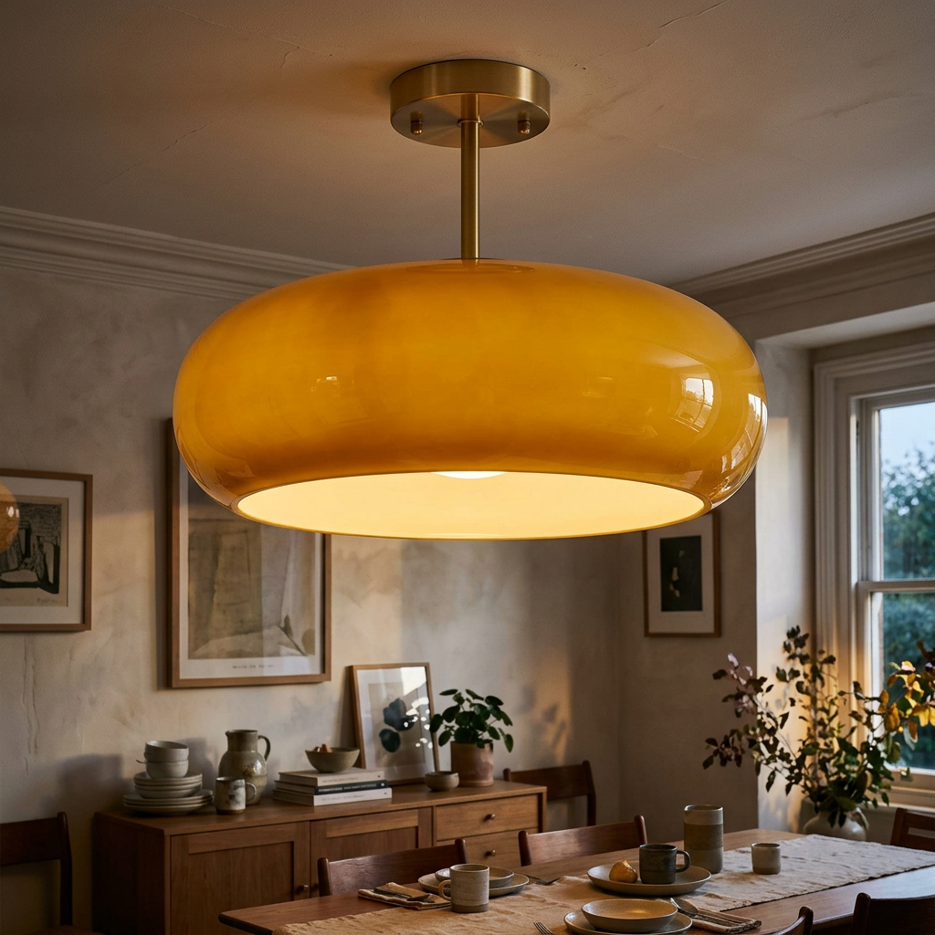 Greta ceiling light glowing at dusk above a dining area