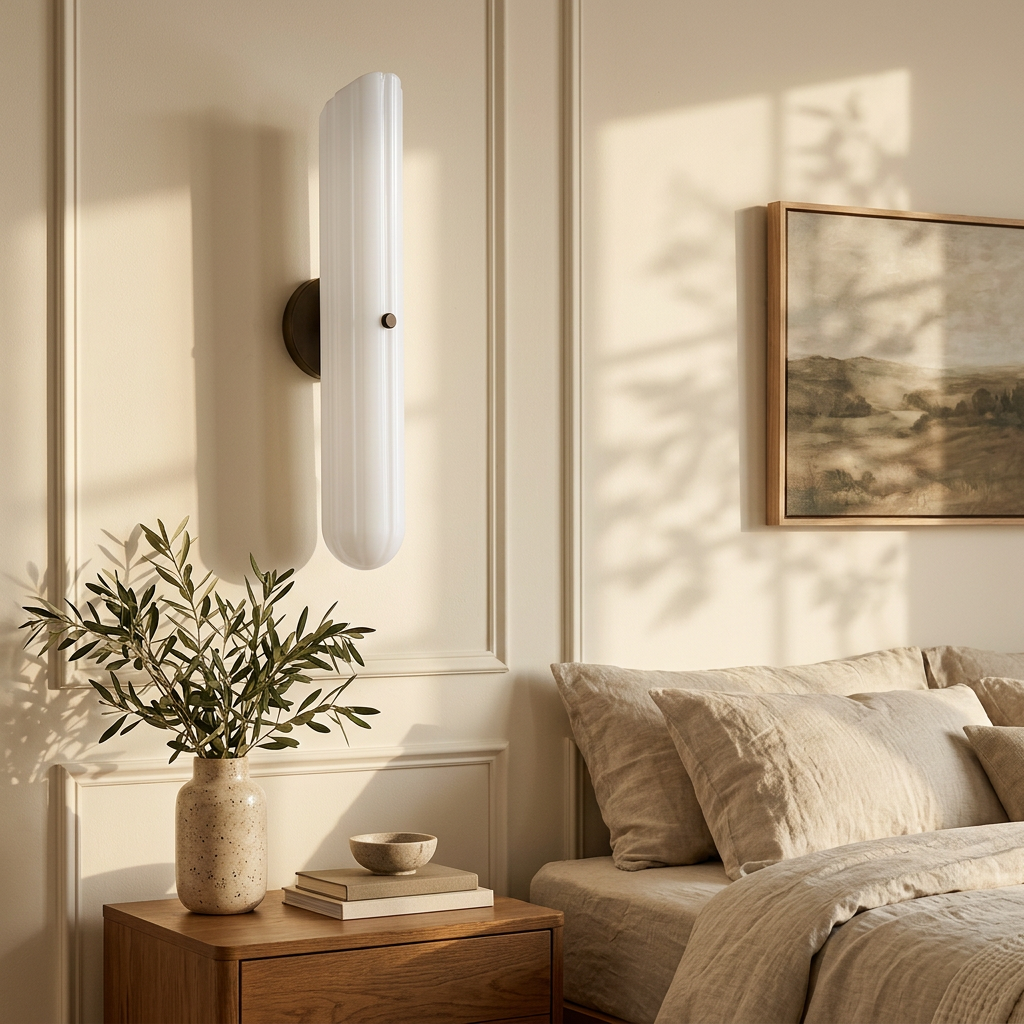 Ranier fluted white glass wall sconce in a bedroom