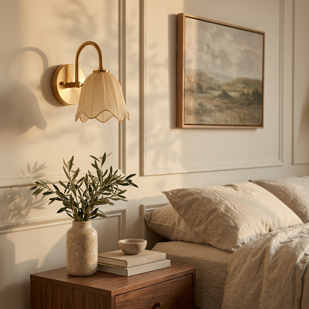 Plicina pleated fabric wall sconce in a bedroom
