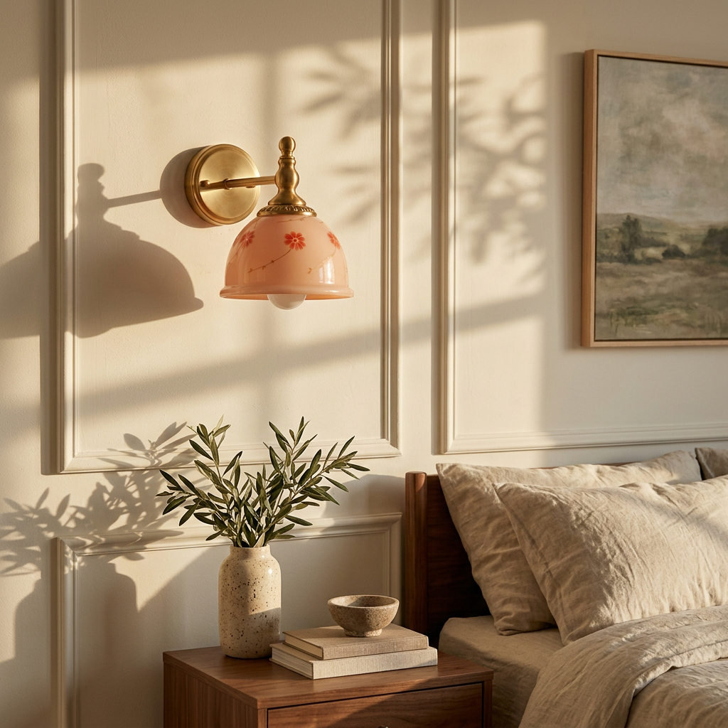 Roscida pink floral glass wall sconce in a bedroom