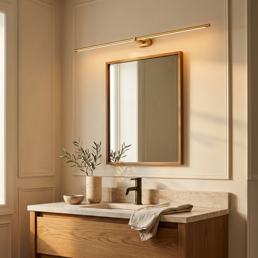 Lineo LED linear vanity light in gold above a bathroom mirror