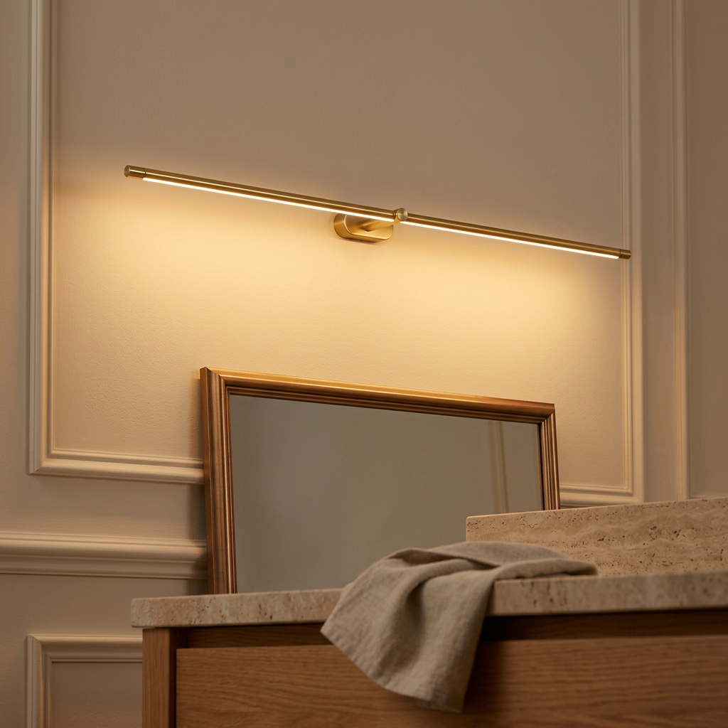 Lineo linear light above a vanity mirror at dusk
