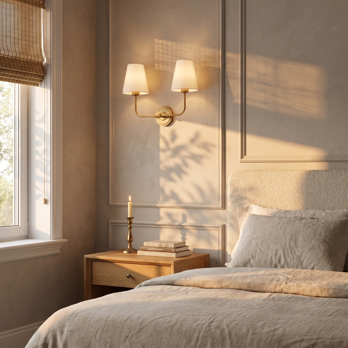 Hedda wall sconce as a bedside light beside linen bedding
