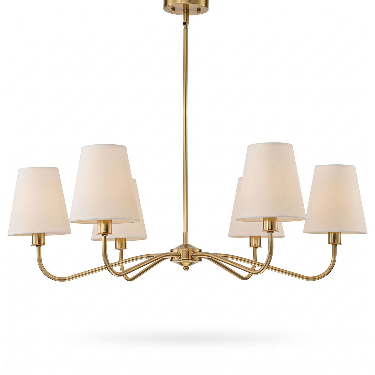 Averna six-arm brass and fabric shade chandelier on a white background