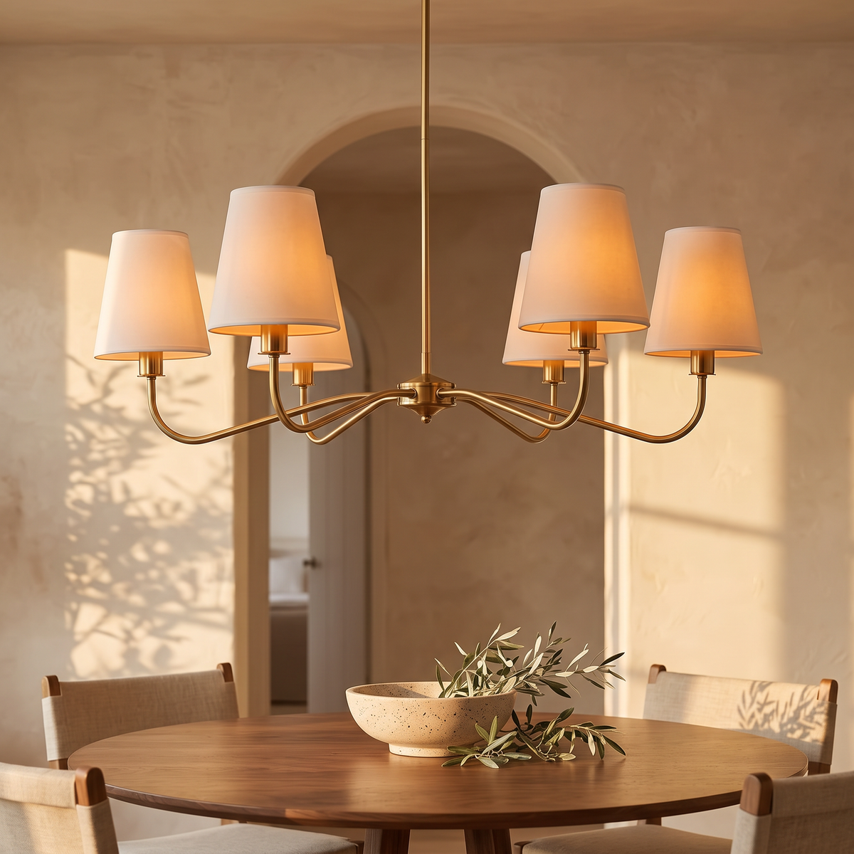 Averna chandelier above a round walnut dining table