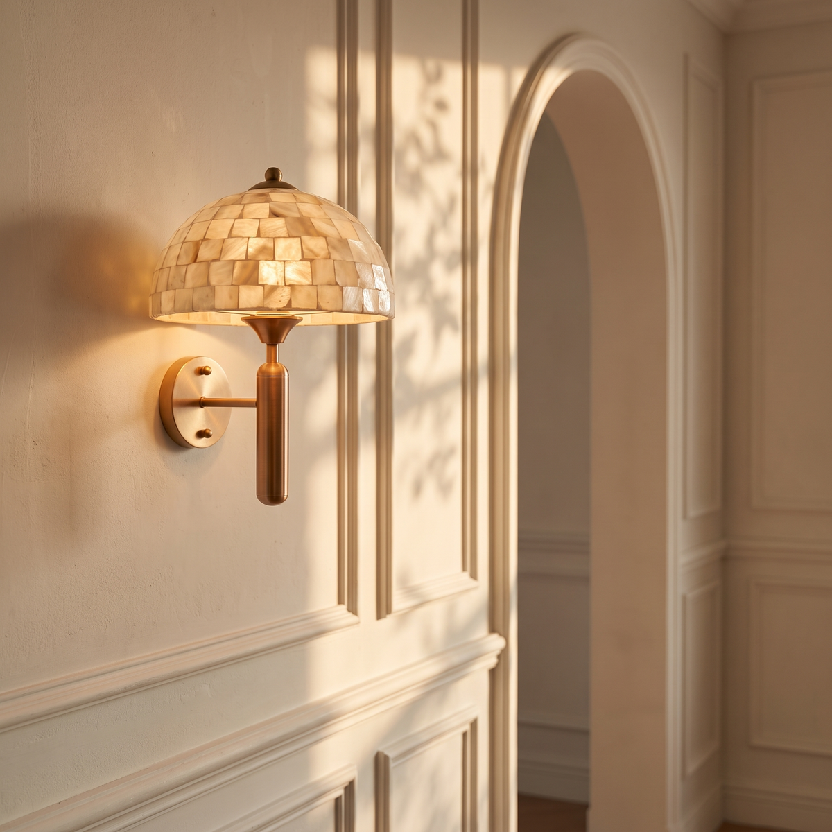 Perlassa wall sconce on a wainscoted wall beside an arched doorway