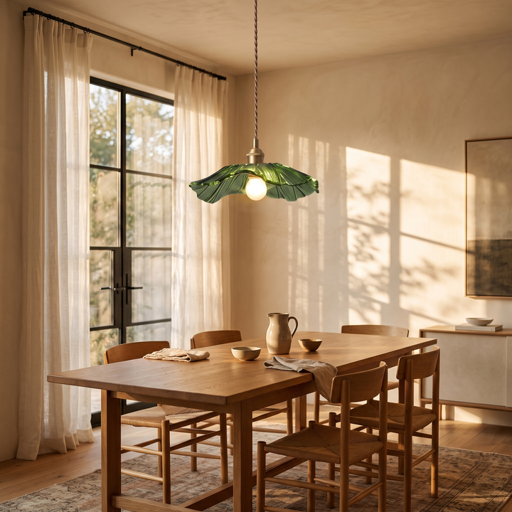 Ninfea pendant above an oak dining table by a window